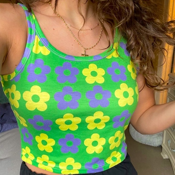 SHEIN Tops - Retro Flower Crop Tank Top by SHEIN
